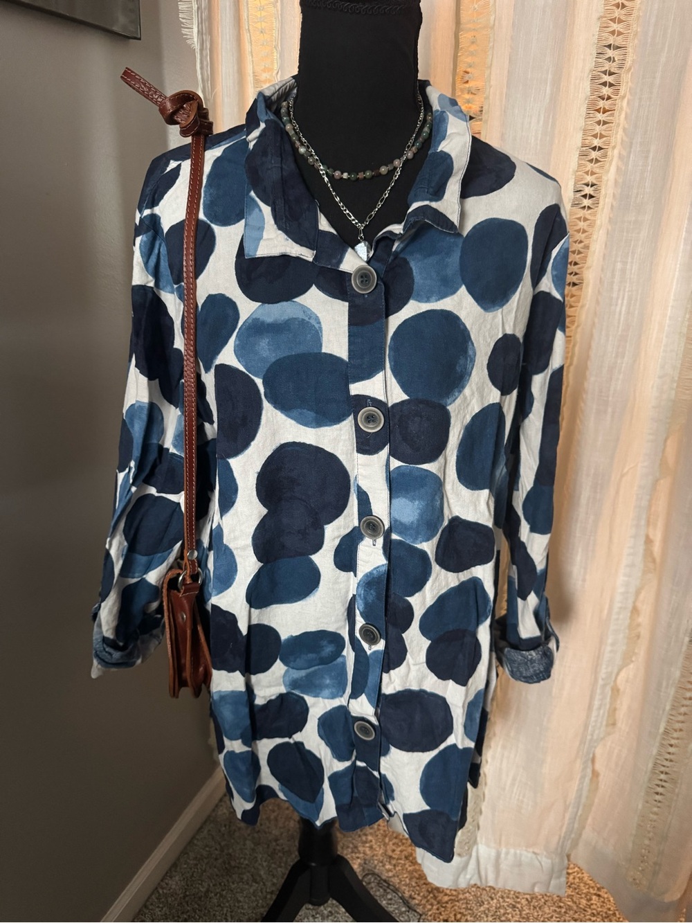 Ali Miles Navy and White Polka Dot Button-Front Shirt